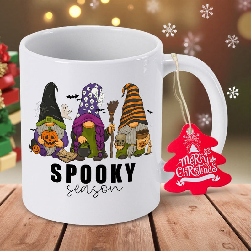 Tailorly White Ceramic 11 oz Mug - Spooky Season Three Whimsical Halloween Gnomes Carrying Carved Pumpkins Under Flying Bats Gnome
