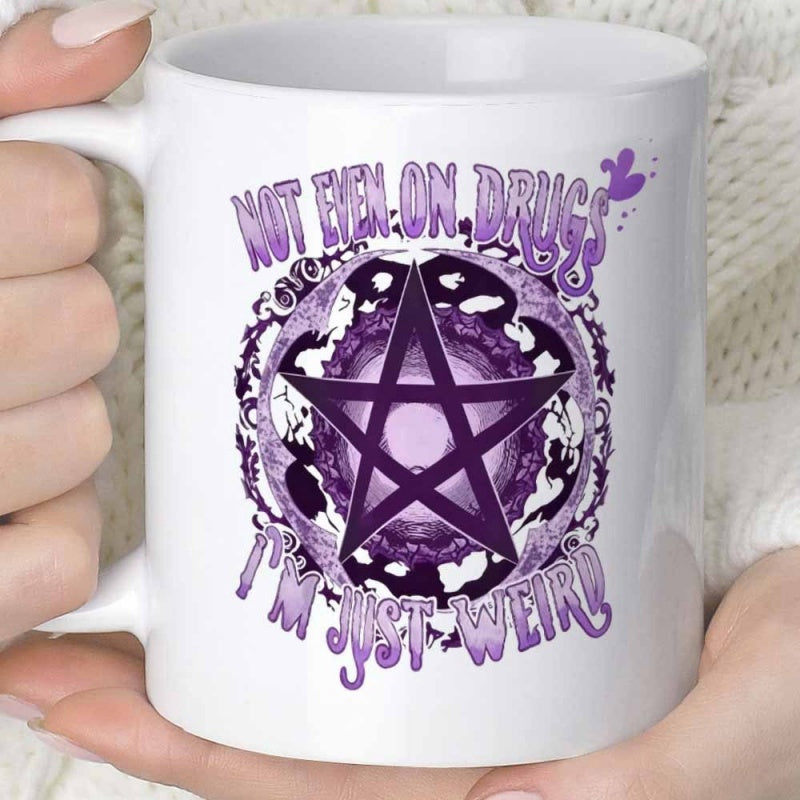 Tailorly White Ceramic 11 oz Mug - Not Even On Drugs I'm Just Weird Ornate Purple Splatter Frame Encircling A Symmetrical Gothic Style Spiritual Symbols Pentagram