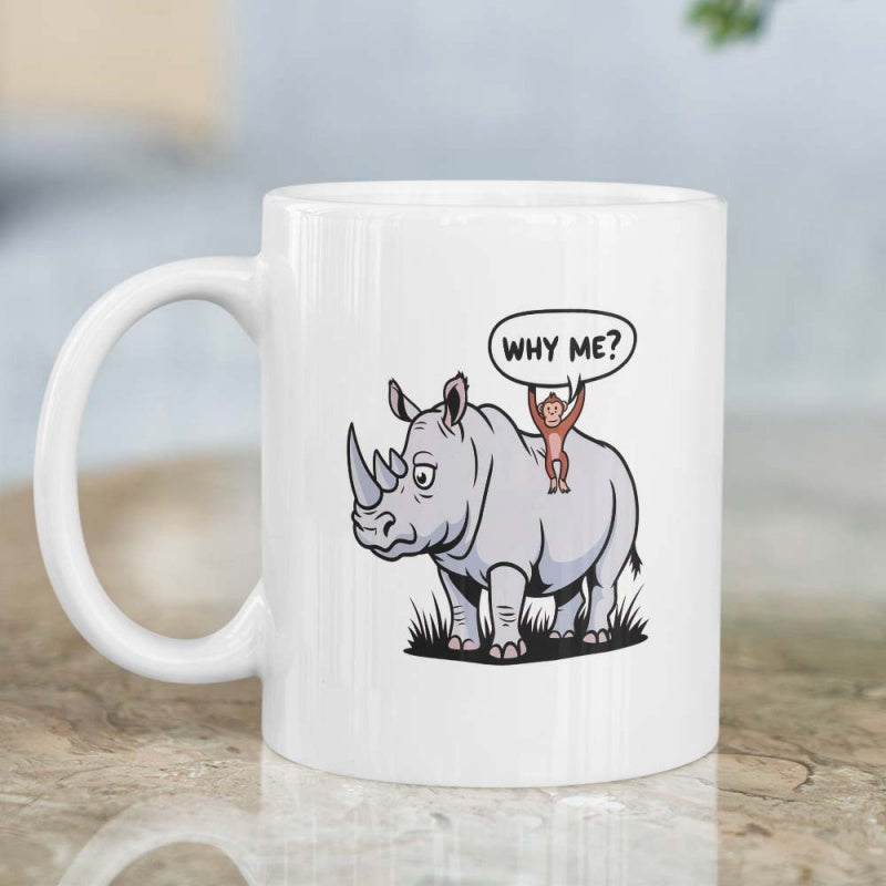 Tailorly White Ceramic 11 oz Mug - Why Me Sturdy Gray Rhino Standing On Grass With Tiny Monkey On Back Rhinoceros