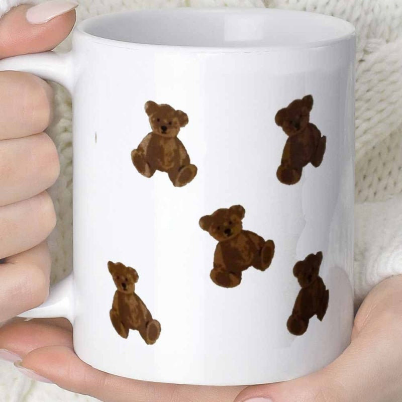 Tailorly White Ceramic 11 oz Mug - Cute Brown Plush Miniature Fluffy Stuffed Animals Pattern Scattered On Surface Teddy Bear