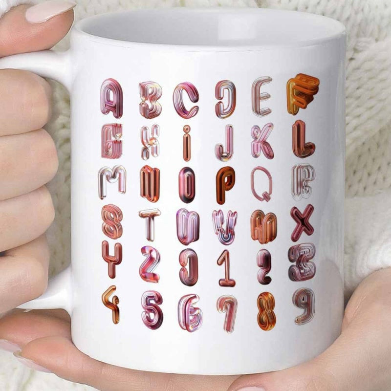 Tailorly White Ceramic 11 oz Mug - ABC 123 Shiny Pink And Brown Glossy Balloon Styled Character Alphabet
