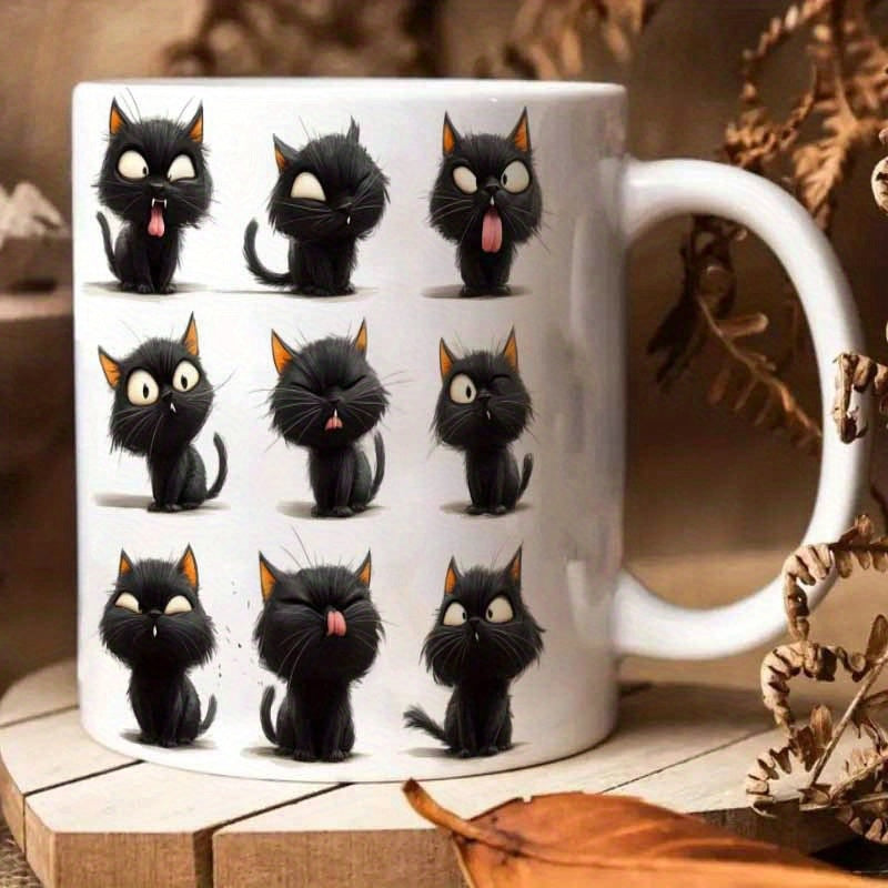 Tailorly White Ceramic 11 oz Mug - Tiny Black Kittens Displaying Various Funny Facial Expressions Arranged In Grid Cat