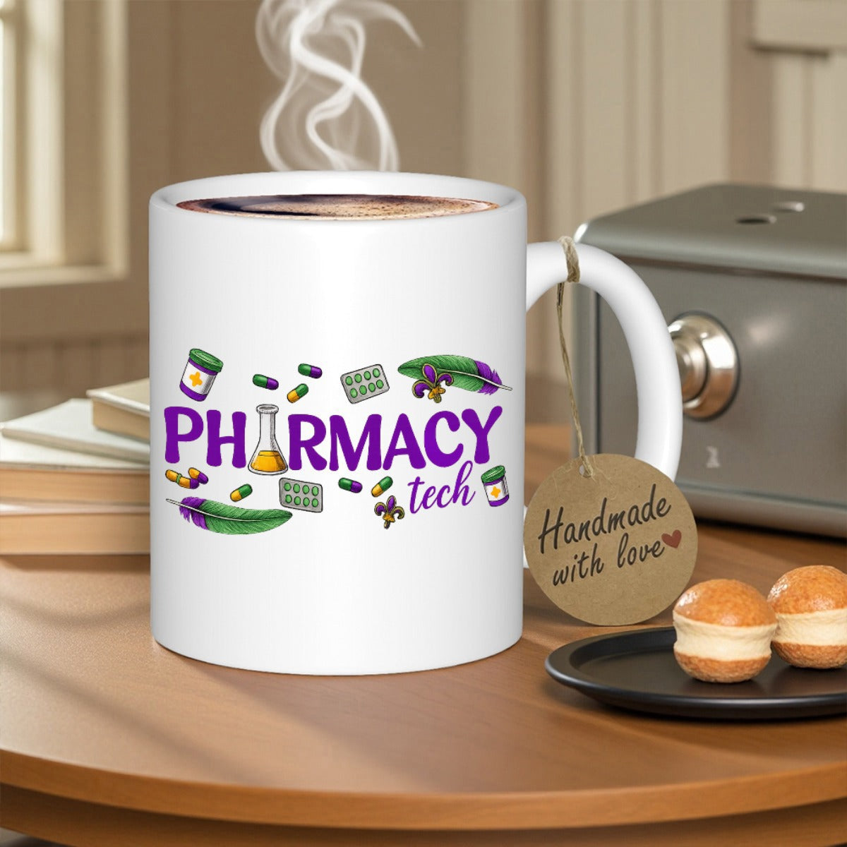 Tailorly White Ceramic 11 oz Mug - Pharmacy Tech Various Medicine Capsules And Liquid Beaker Among Green Purple Herbal Leaves Mug