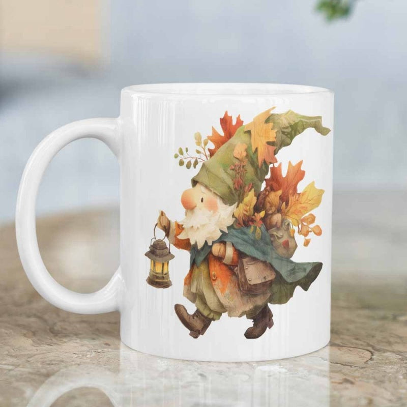 Tailorly White Ceramic 11 oz Mug - Whimsical Watercolor Autumn Dwarf Walking With Lantern Among Golden Maple Leaves Gnome