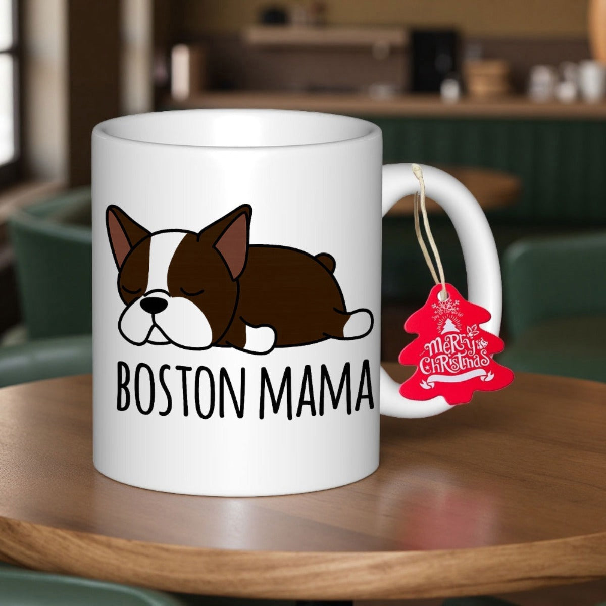 Tailorly White Ceramic 11 oz Mug - Boston Mama Adorable Cartoon Boston Terrier Sleeping Peacefully On A Clean White Surface Dog
