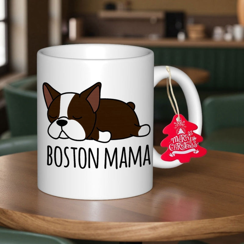 Tailorly White Ceramic 11 oz Mug - Boston Mama Adorable Cartoon Boston Terrier Sleeping Peacefully On A Clean White Surface Dog