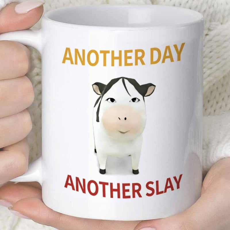 Tailorly White Ceramic 11 oz Mug - Another Day Another Slay Cute Front Facing Spotted Dairy Animal Standing In Simple Minimalist Style Cow