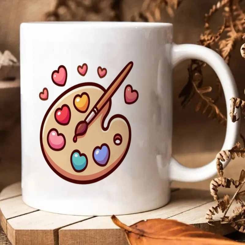 Tailorly White Ceramic 11 oz Mug - Artistic Wooden Board Floating With Colorful Heart Shaped Paint And Brush Palette
