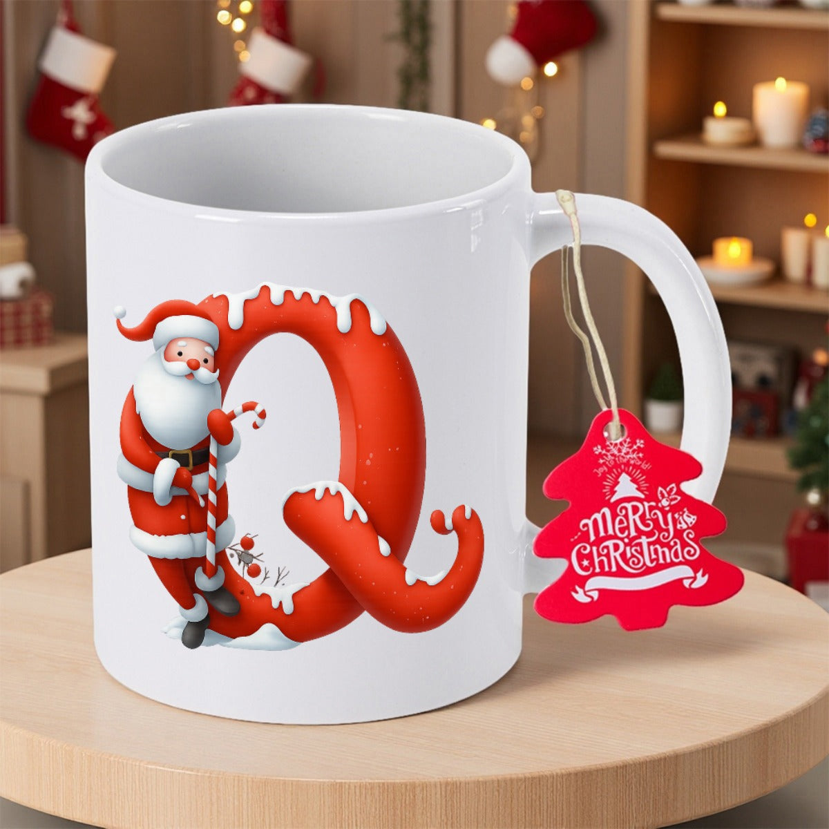 Tailorly White Ceramic 11 oz Mug - Merry Christmas Q Jolly Santa Claus Leaning Against A Snowy Red Large Initial Santa