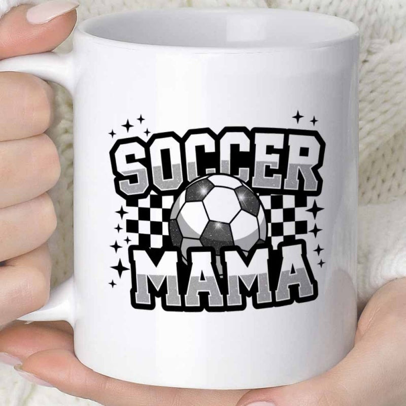 Tailorly White Ceramic 11 oz Mug - Soccer Mama Classic Sports Theme With Checkered Pattern And Twinkling Decorative Stars Soccer Ball