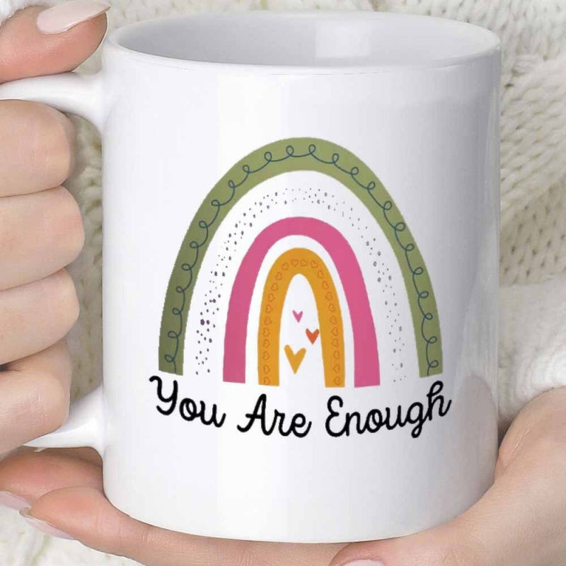 Tailorly White Ceramic 11 oz Mug - You Are Enough Boho Style Pastel Colored Arches Featuring Small Minimalist Decorative Hearts Rainbow