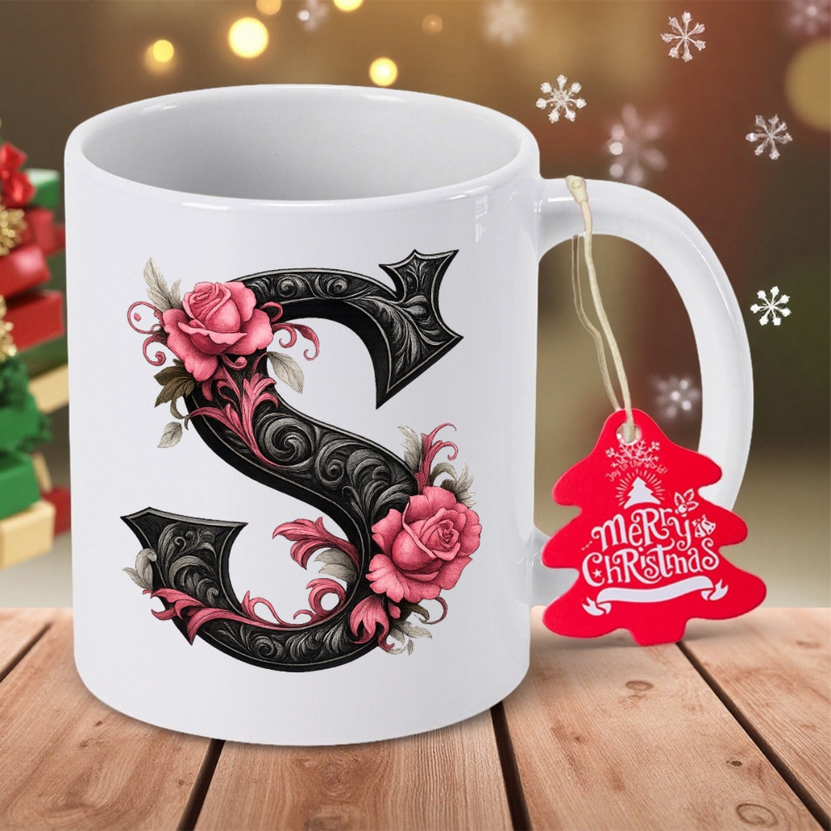 Tailorly White Ceramic 11 oz Mug - Merry Christmas Stylized Baroque Letter S With Pink Roses Among Intricate Black Engraved Floral Patterns Monogram