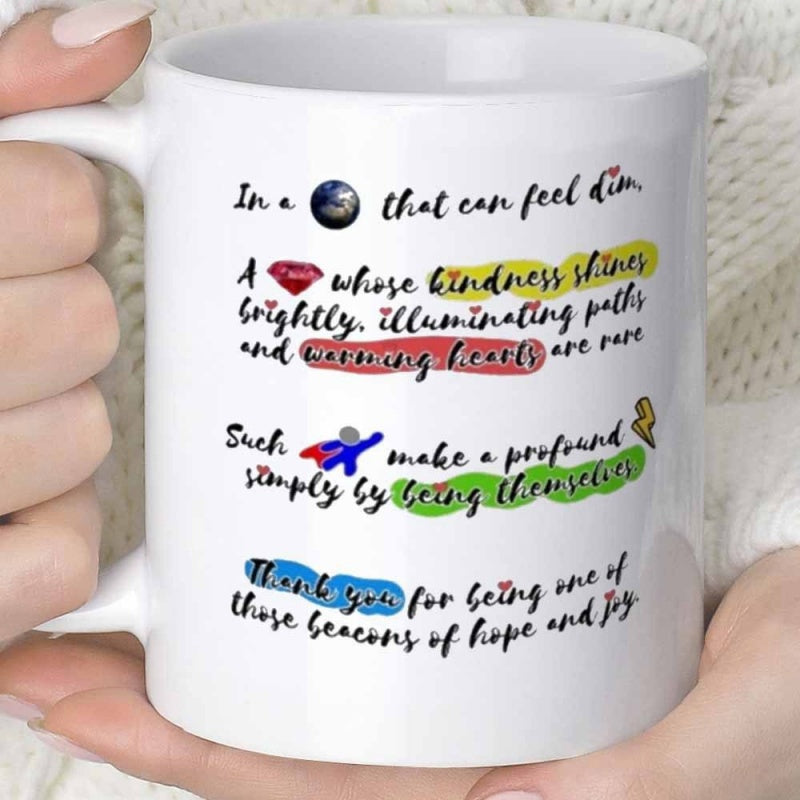 Tailorly White Ceramic 11 oz Mug - Beacons Of Hope And Joy White Ceramic Vessel Featuring Inspirational Message Illustrations Mug
