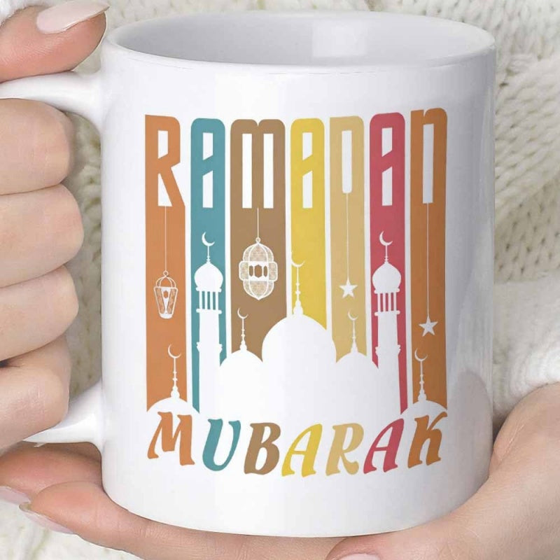 Tailorly White Ceramic 11 oz Mug - Ramadan Mubarak Vertical Retro Stripes With Silhouette Minarets And Hanging Lanterns Among Stars Mosque