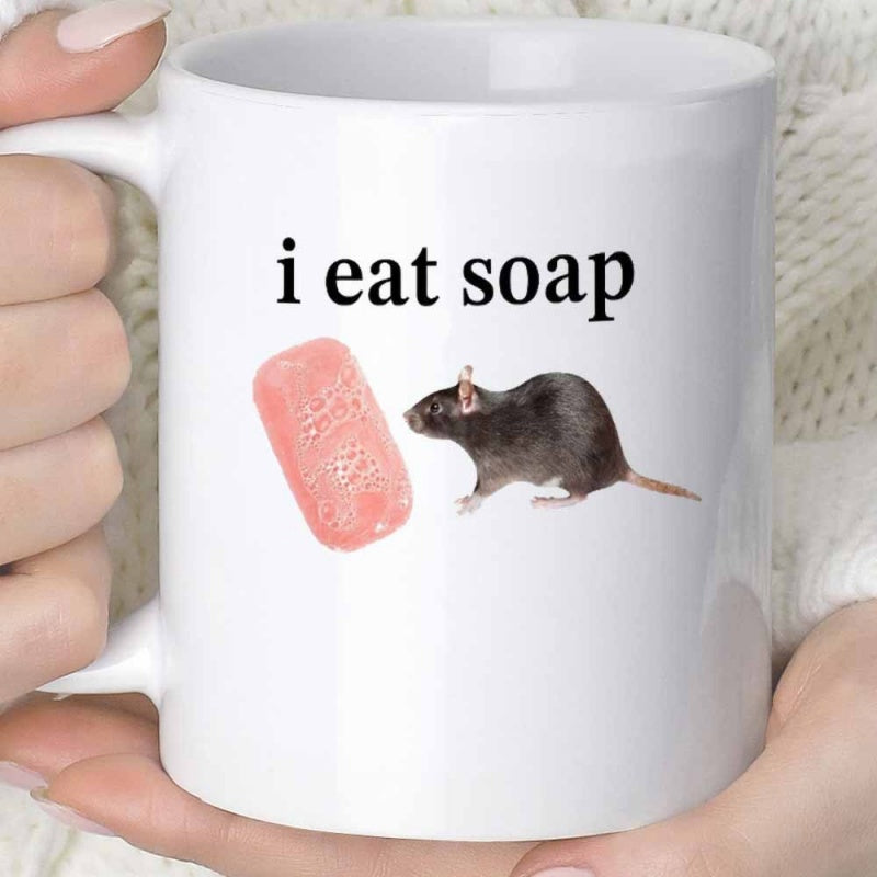 Tailorly White Ceramic 11 oz Mug - I Eat Soap Realistic Small Grey Rodent Standing Next To Pink Soap Rat