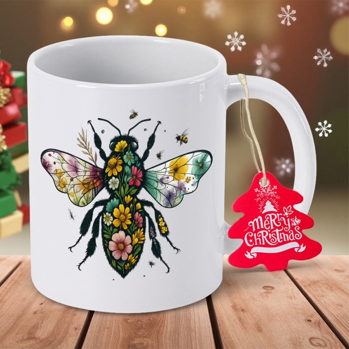 Tailorly White Ceramic 11 oz Mug - Merry Christmas Intricate Floral Patterns Within A Majestic Winged Honey Insect Bee