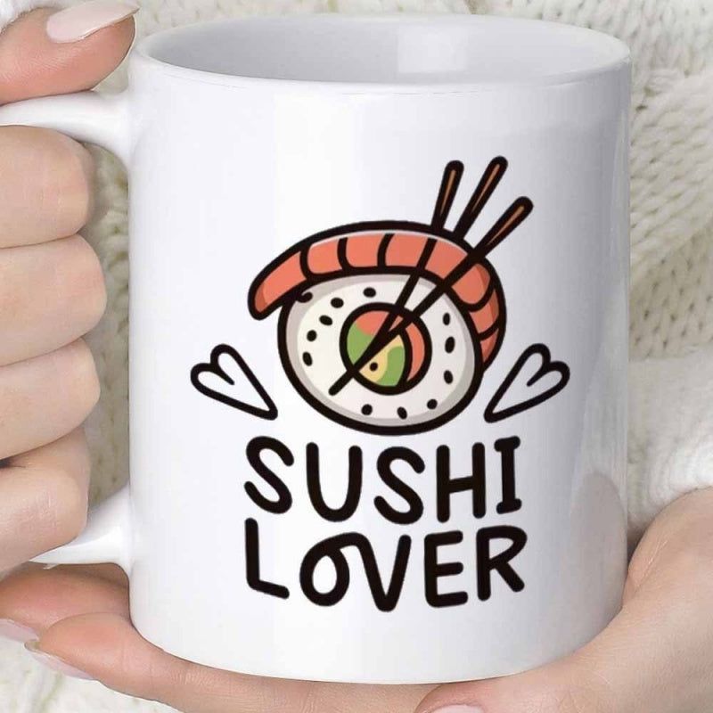 Tailorly White Ceramic 11 oz Mug - Sushi Lover Cute Cartoon Salmon Nigiri With Black Chopsticks And Small Hearts Sushi