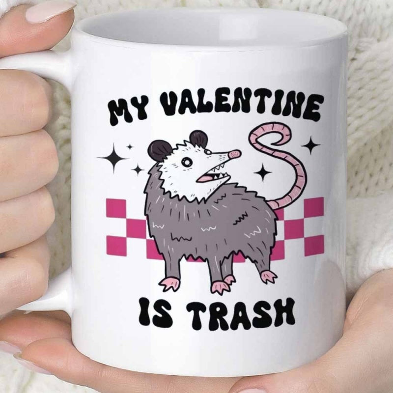 Tailorly White Ceramic 11 oz Mug - My Valentine Is Trash Funny Cartoon Animal Standing Among Pink Checkered Patterns Opossum