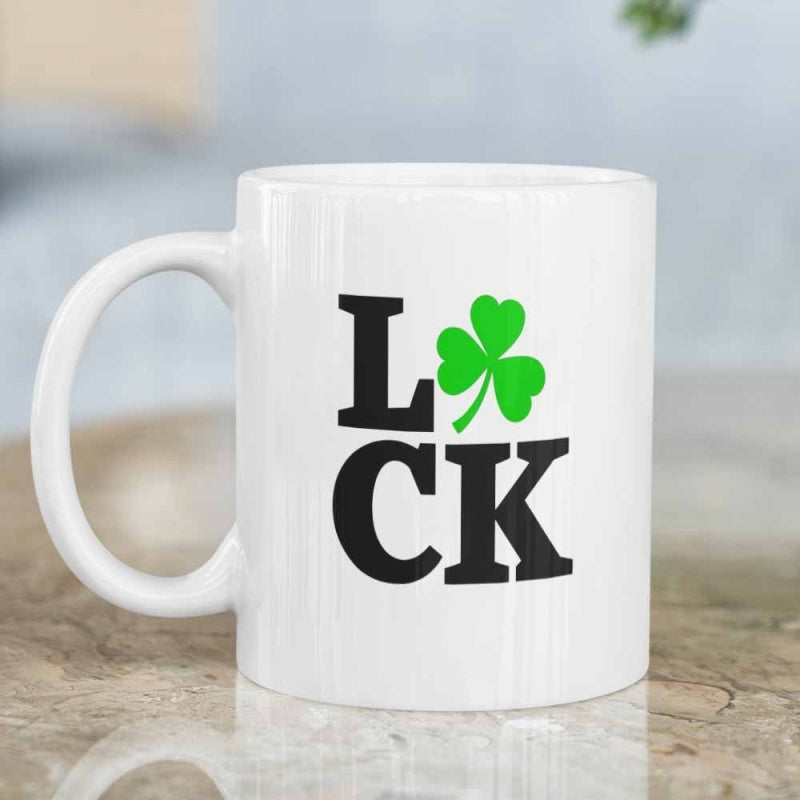 Tailorly White Ceramic 11 oz Mug - Luck Vibrant Green Three Leaf Clover Placed Within Bold Black Letters Luck