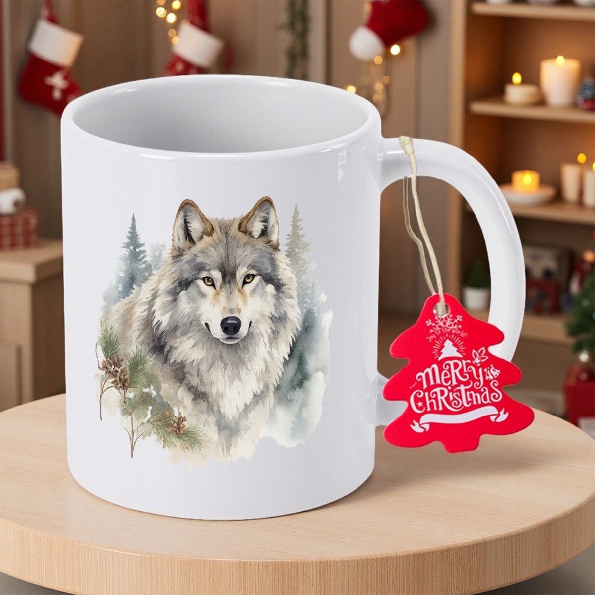Tailorly White Ceramic 11 oz Mug - Merry Christmas Majestic Wolf Standing Amidst Snowy Pine Trees In Winter Wilderness Wolf
