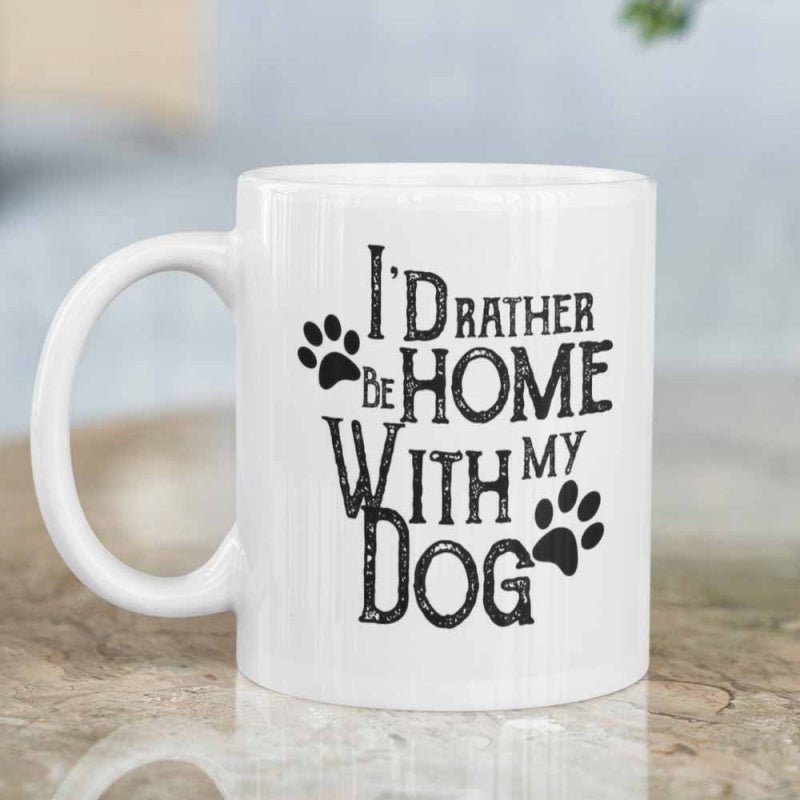 Tailorly White Ceramic 11 oz Mug - Id Rather Be Home With My Dog Minimalist Paw Prints With Vintage Lettering Celebrating Love For A Pet Dog