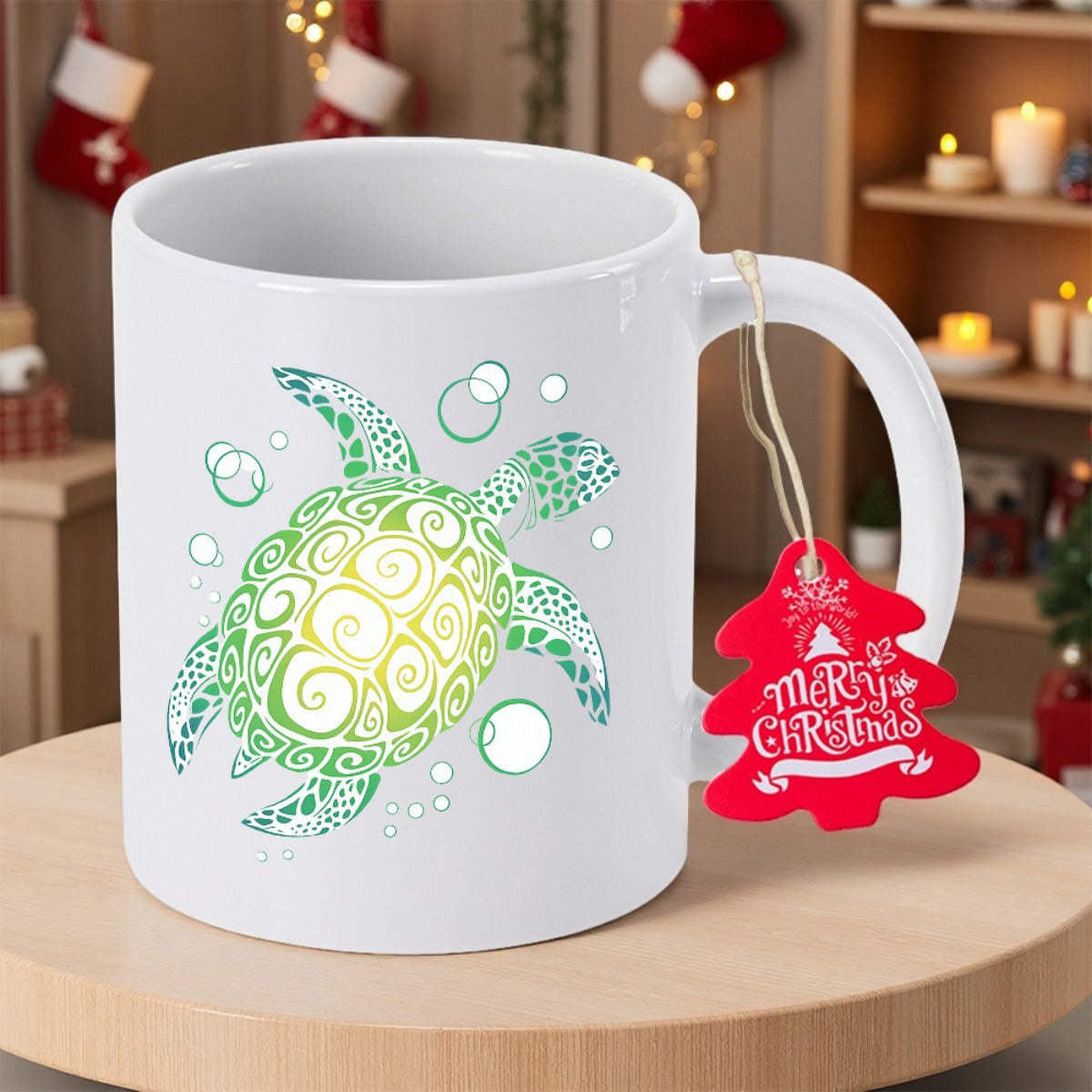 Tailorly White Ceramic 11 oz Mug - Merry Christmas Intricate Green Aquatic Creature With Swirling Shell Details And Floating Bubbles Turtle