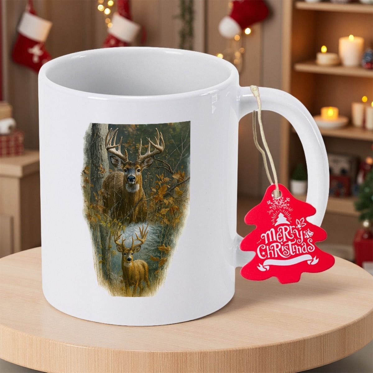 Tailorly White Ceramic 11 oz Mug - Merry Christmas Majestic Wild Buck Standing Amidst Dense Forest Trees With Golden Sunlight Deer