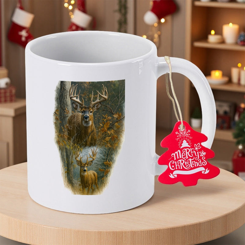 Tailorly White Ceramic 11 oz Mug - Merry Christmas Majestic Wild Buck Standing Amidst Dense Forest Trees With Golden Sunlight Deer