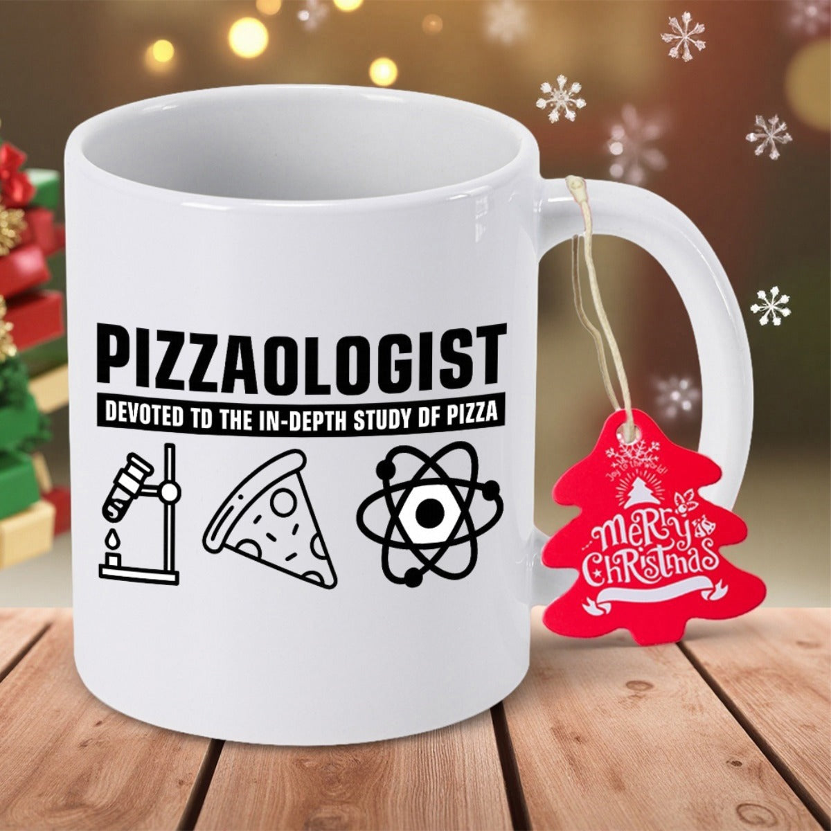 Tailorly White Ceramic 11 oz Mug - Pizzaologist Devoted To The In-Depth Study Of Pizza Scientific Icons Featuring Laboratory Beaker And Atomic Symbols Pizza