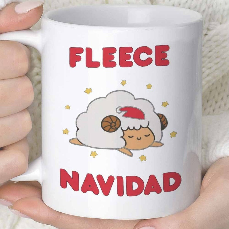 Tailorly White Ceramic 11 oz Mug - Fleece Navidad Adorable White Sheep Wearing Festive Red Santa Hat Among Golden Stars Sheep