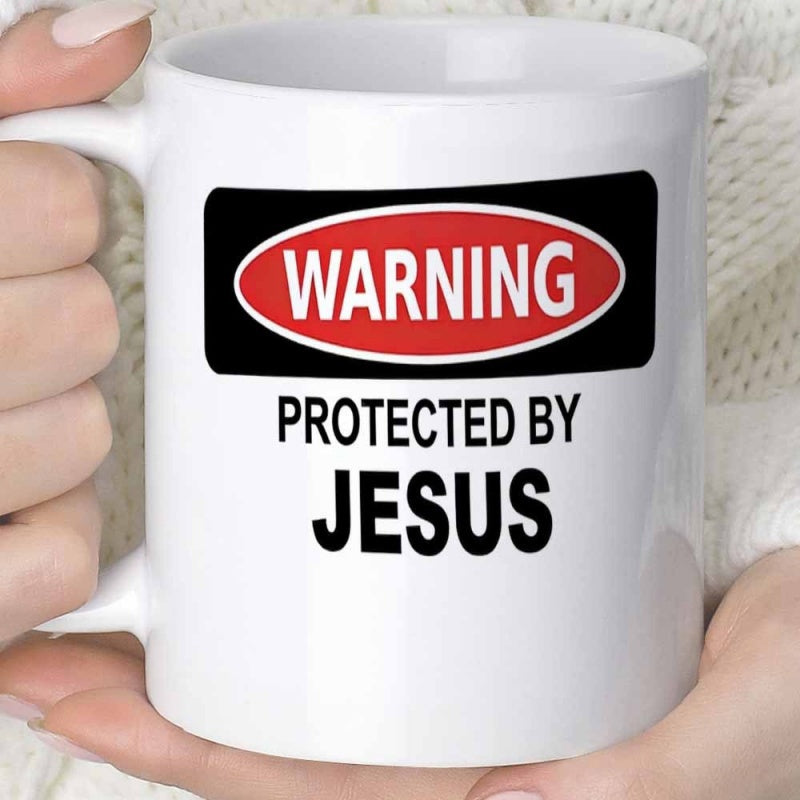 Tailorly White Ceramic 11 oz Mug - Warning Protected By Jesus Classic Warning Label Style Featuring Bold Red And Black Graphic Sign