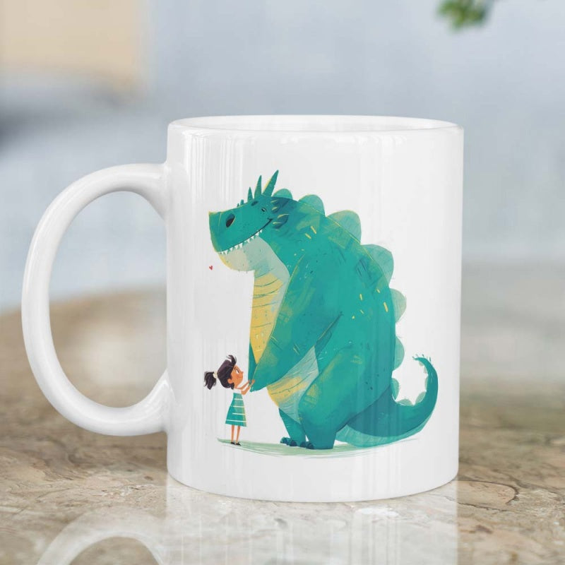 Tailorly White Ceramic 11 oz Mug - Friendly Giant Teal Monster Standing Peacefully Beside A Little Young Girl Dragon