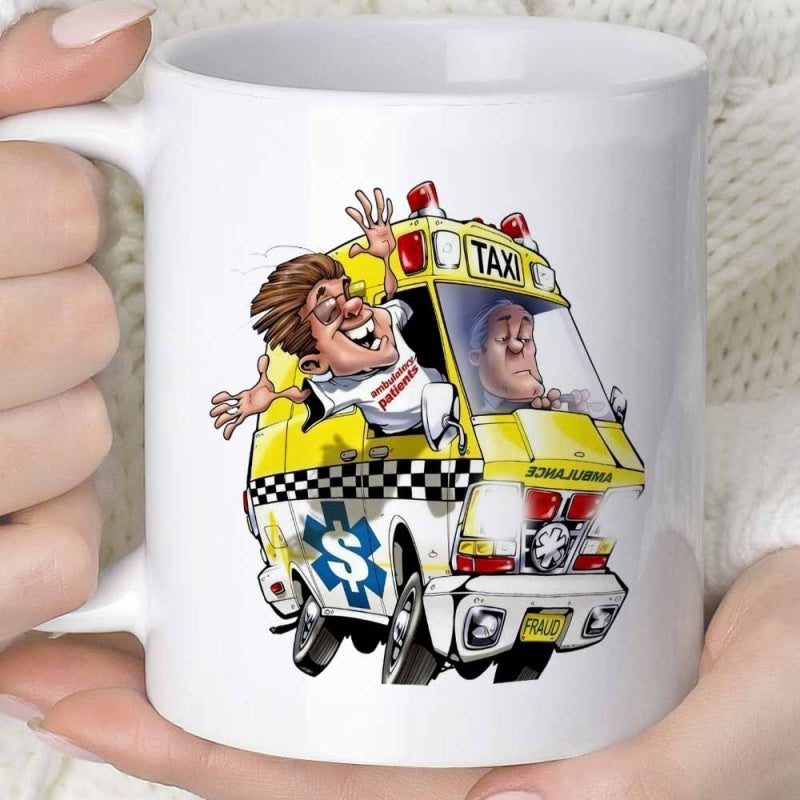 Tailorly White Ceramic 11 oz Mug - Taxi Ambulance Funny Cartoon Hybrid Van With Cheerful Passenger And Driver Vehicle
