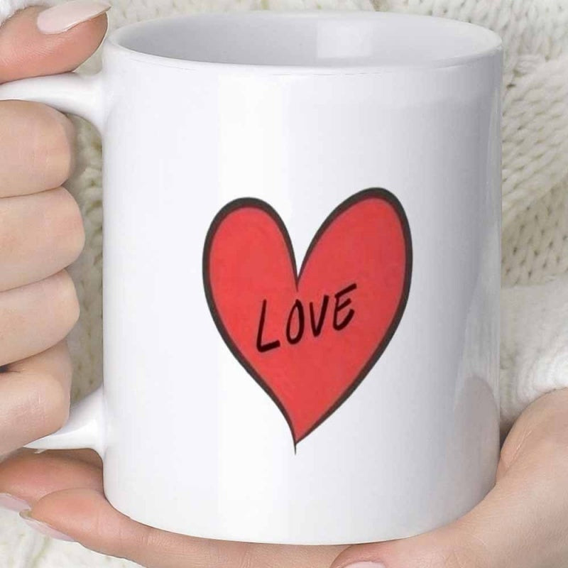 Tailorly White Ceramic 11 oz Mug - Love Minimalist Hand Drawn Vibrant Red Outline Expressing Deep Romantic Affection Heart