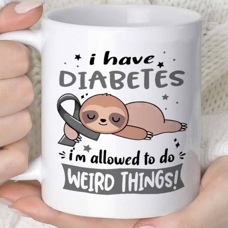 Tailorly White Ceramic 11 oz Mug - I Have Diabetes I'm Allowed To Do Weird Things Adorable Sleeping Cartoon Sloth Hugging A Grey Ribbon Among Sparkling Stars Sloth