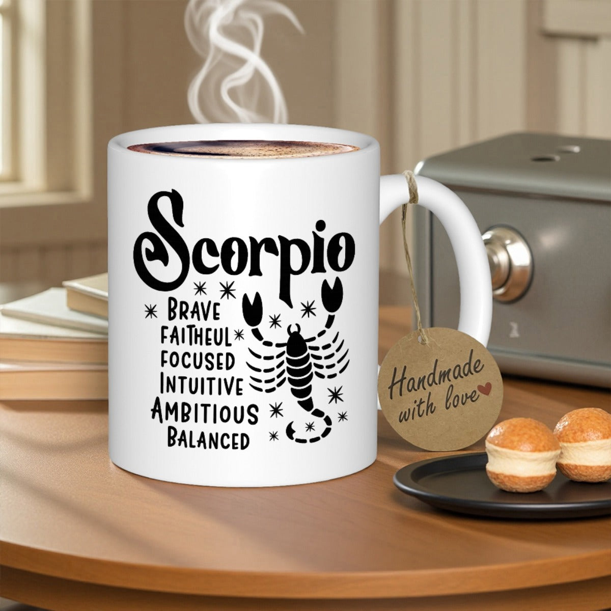 Tailorly White Ceramic 11 oz Mug - Scorpio Brave Faithful Focused Intuitive Ambitious Balanced Minimalist Black Zodiac Silhouette With Stars Displaying Elegant