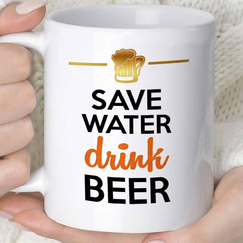 Tailorly White Ceramic 11 oz Mug - Save Water Drink Beer Foaming Gold Beer Mug Icon With Horizontal Line Accents Mug