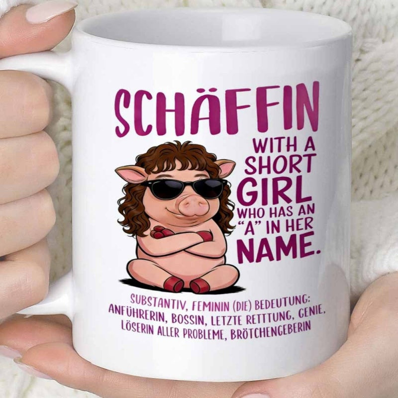 Tailorly White Ceramic 11 oz Mug - With A Short Girl Who Has An A In Her Name Cartoon Pig Wearing Sunglasses And Curly Wig Sitting In Relaxed Pose Pig