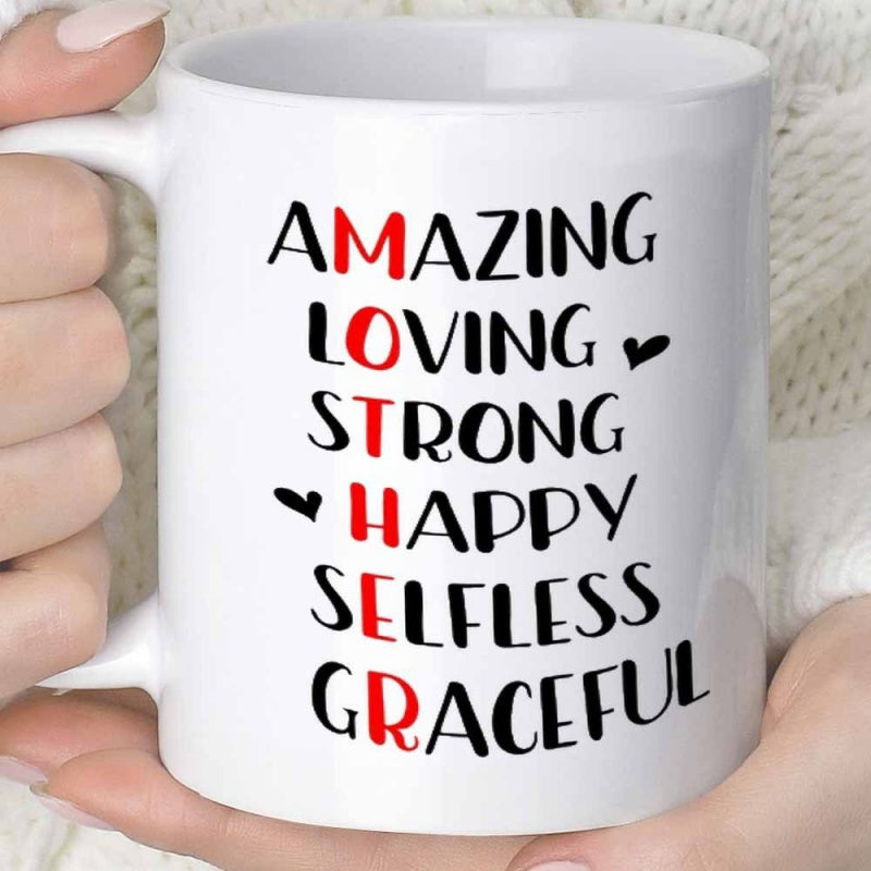 Tailorly White Ceramic 11 oz Mug - Amazing Loving Strong Happy Selfless Graceful Mother Inspiring Vertical Text Design Featuring Decorative Small Heart Accents