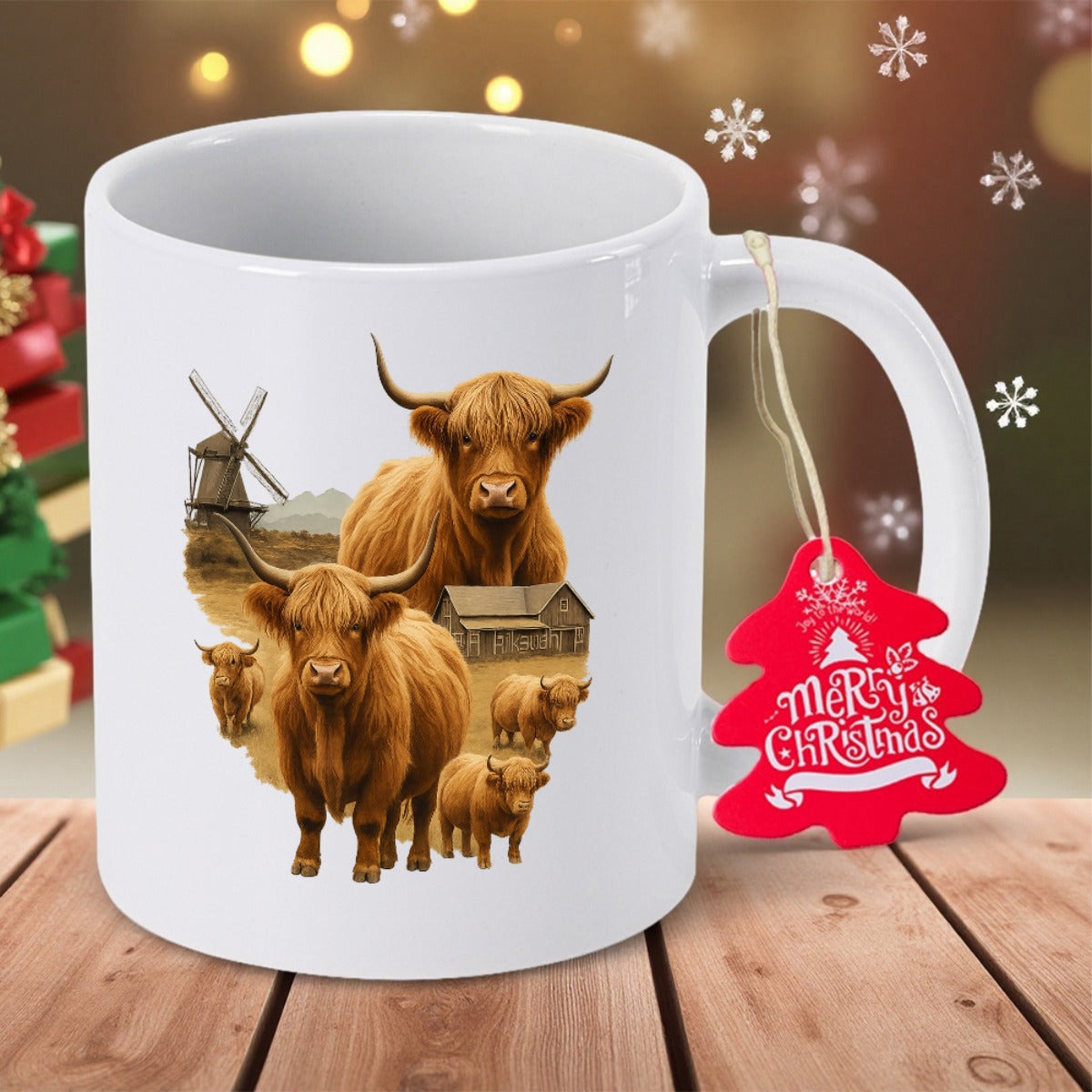 Tailorly White Ceramic 11 oz Mug - Merry Christmas Fluffy Brown Highland Cattle Standing Near A Rustic Barn And Windmill Cow