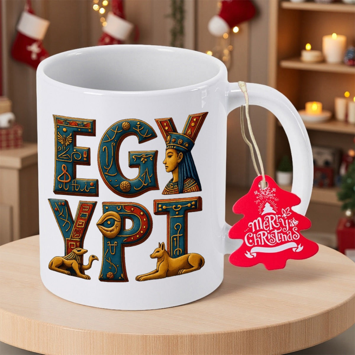 Tailorly White Ceramic 11 oz Mug - Egypt Elegant Ancient Motifs Featuring Pharaoh Profile And Mythical Golden Desert Sphinx Egypt