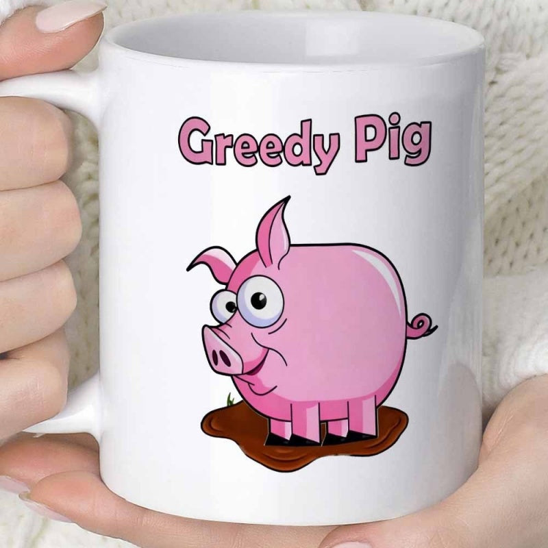 Tailorly White Ceramic 11 oz Mug - Greedy Pig Adorable Pink Cartoon Character Standing In A Brown Muddy Puddle Pig