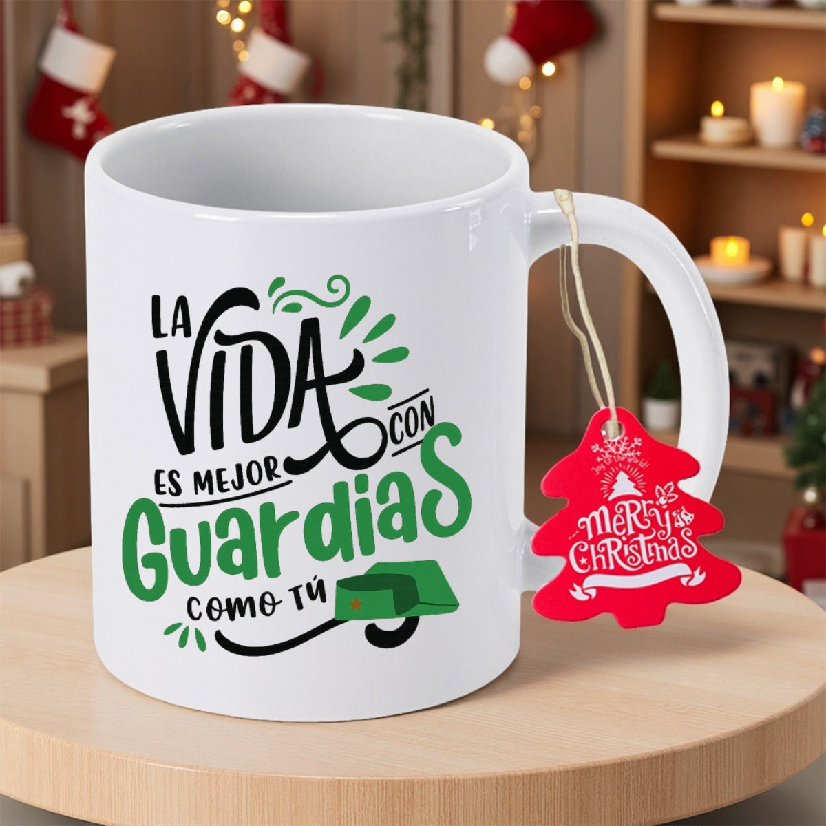 Tailorly White Ceramic 11 oz Mug - Merry Christmas Elegant Professional Uniform Cap With Decorative Swirls And Green Artistic Elements Hat