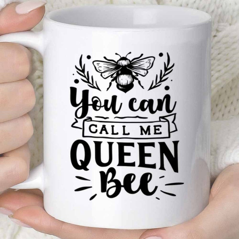 Tailorly White Ceramic 11 oz Mug - You Can Call Me Queen Bee Artistic Black Ink Style Winged Insect With Foliage Bee