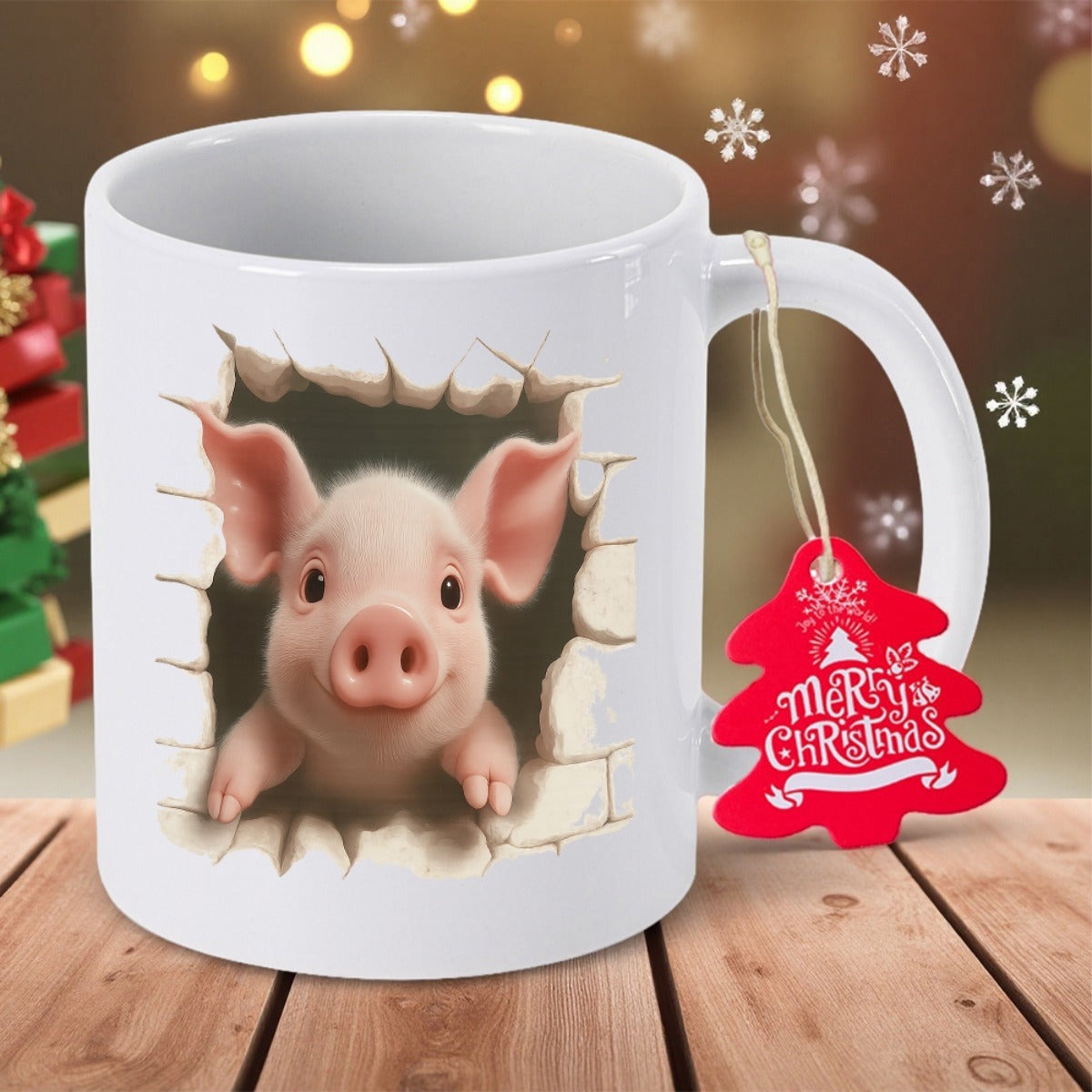 Tailorly White Ceramic 11 oz Mug - Merry Christmas Adorable Pink Pig Peeking Through A Realistic Cracked Stone Wall Pig