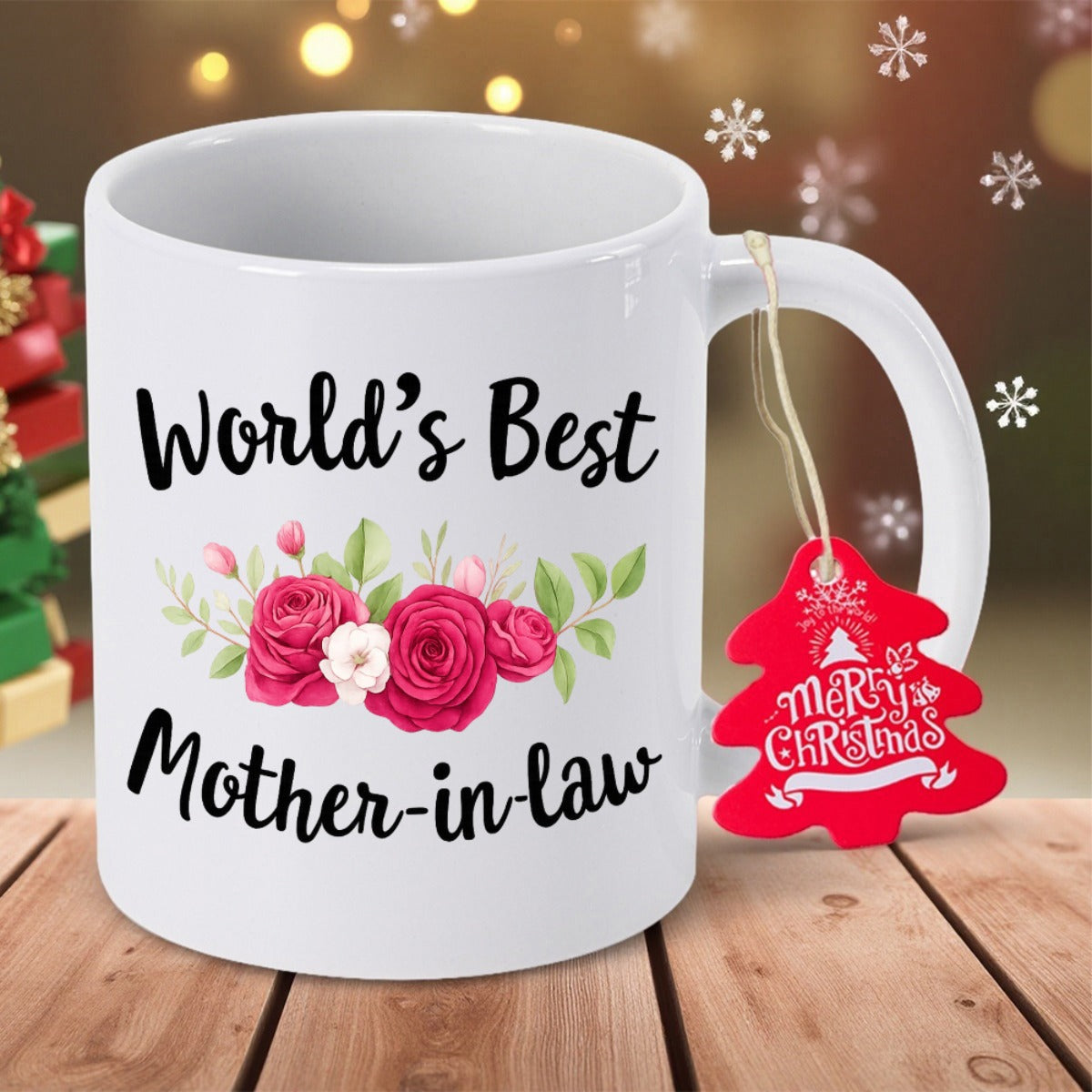 Tailorly White Ceramic 11 oz Mug - Worlds Best Mother In Law Vibrant Pink Blooming Roses With Green Leaves And Elegant Floral Accents Rose