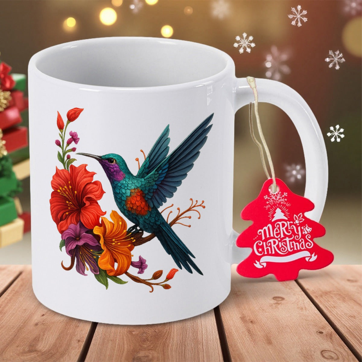 Tailorly White Ceramic 11 oz Mug - Merry Christmas Colorful Feathers Hovering Near Vibrant Blooming Tropical Flowers Hummingbird