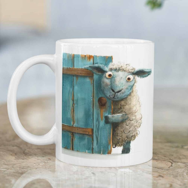 Tailorly White Ceramic 11 oz Mug - Whimsical Fluffy Peeking Behind A Weathered Rustic Blue Wooden Door Sheep