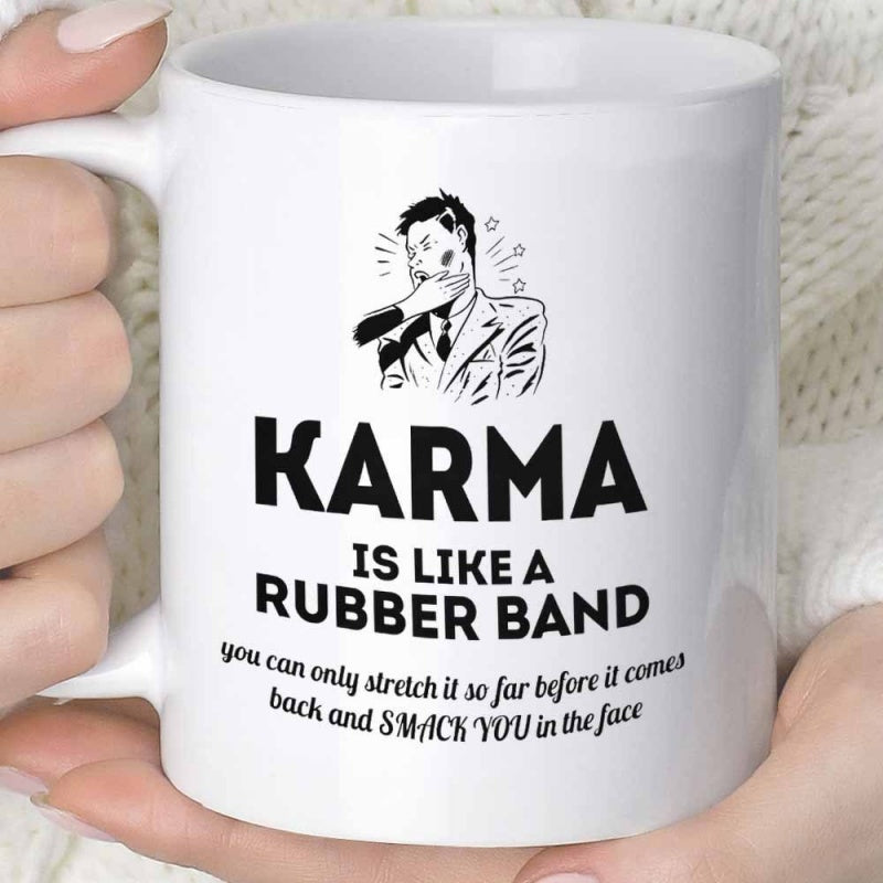 Tailorly White Ceramic 11 oz Mug - Karma Is Like A Rubber Band You Can Only Stretch It So Far Before It Comes Back And Smack You In The Face Vintage Illustration