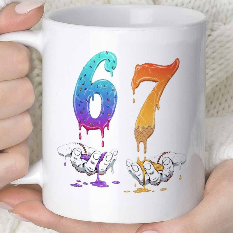Tailorly White Ceramic 11 oz Mug - 67 Vibrant Melting Colors With Stylized Open Hands Catching Dripping Liquid Number